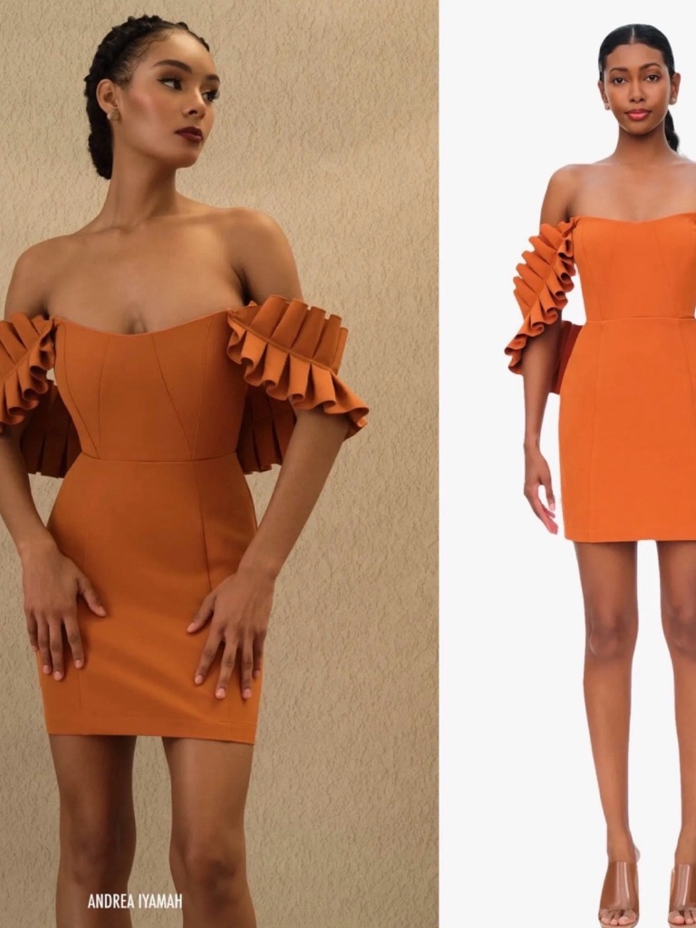 Andrea Iyamah Orange Off-Shoulder Ruffle Sleeve Mini Dress